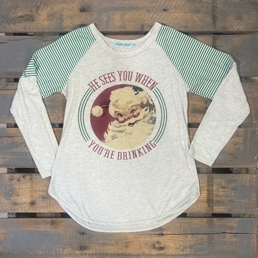 EUC [Southern Grace] Green Striped Funny Santa Holiday Christmas Tee | Small - Picture 3 of 12